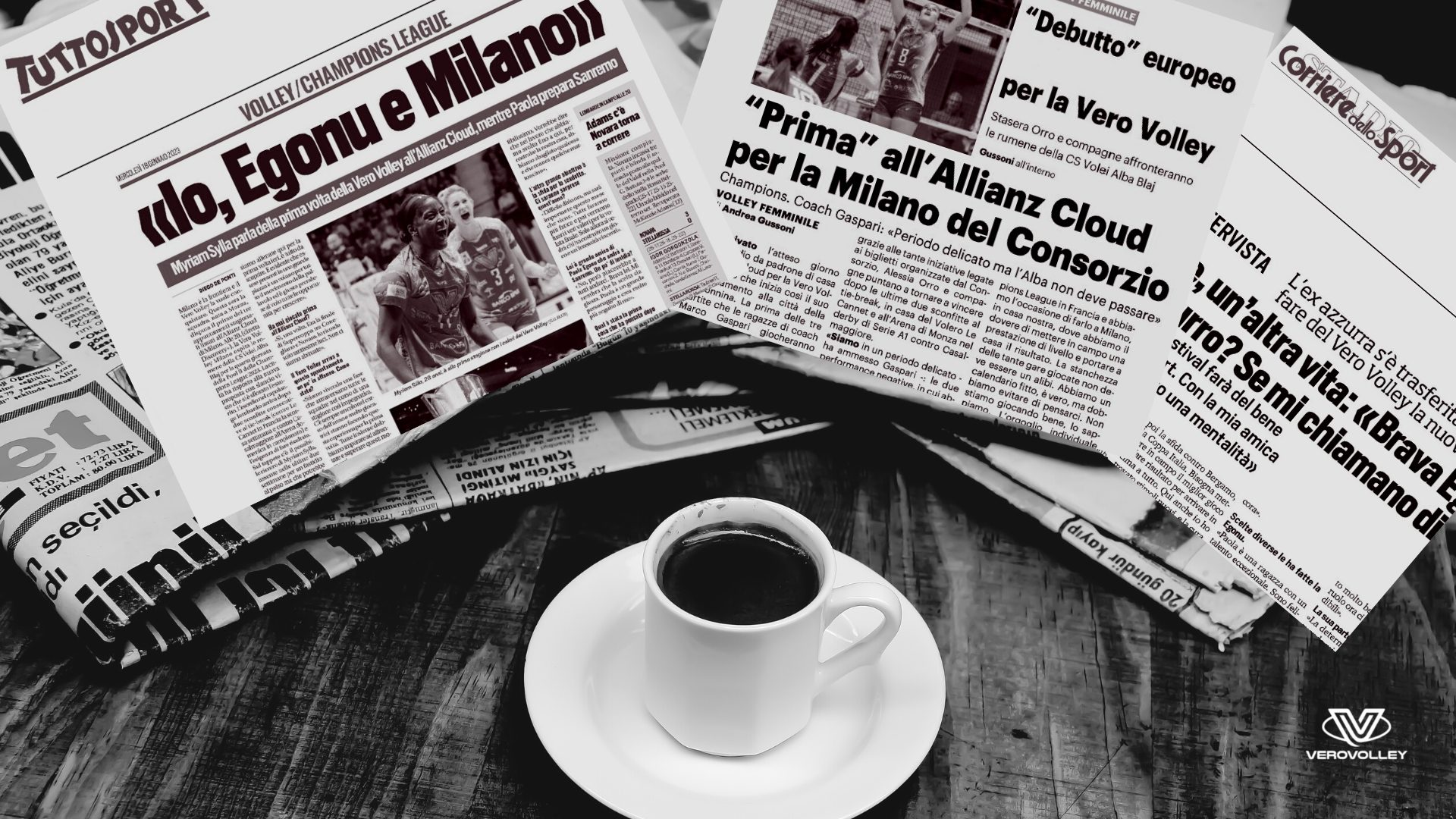 Morning news. Black and white photo with newspapers and coffee Instagram post (1920 × 1080 px)